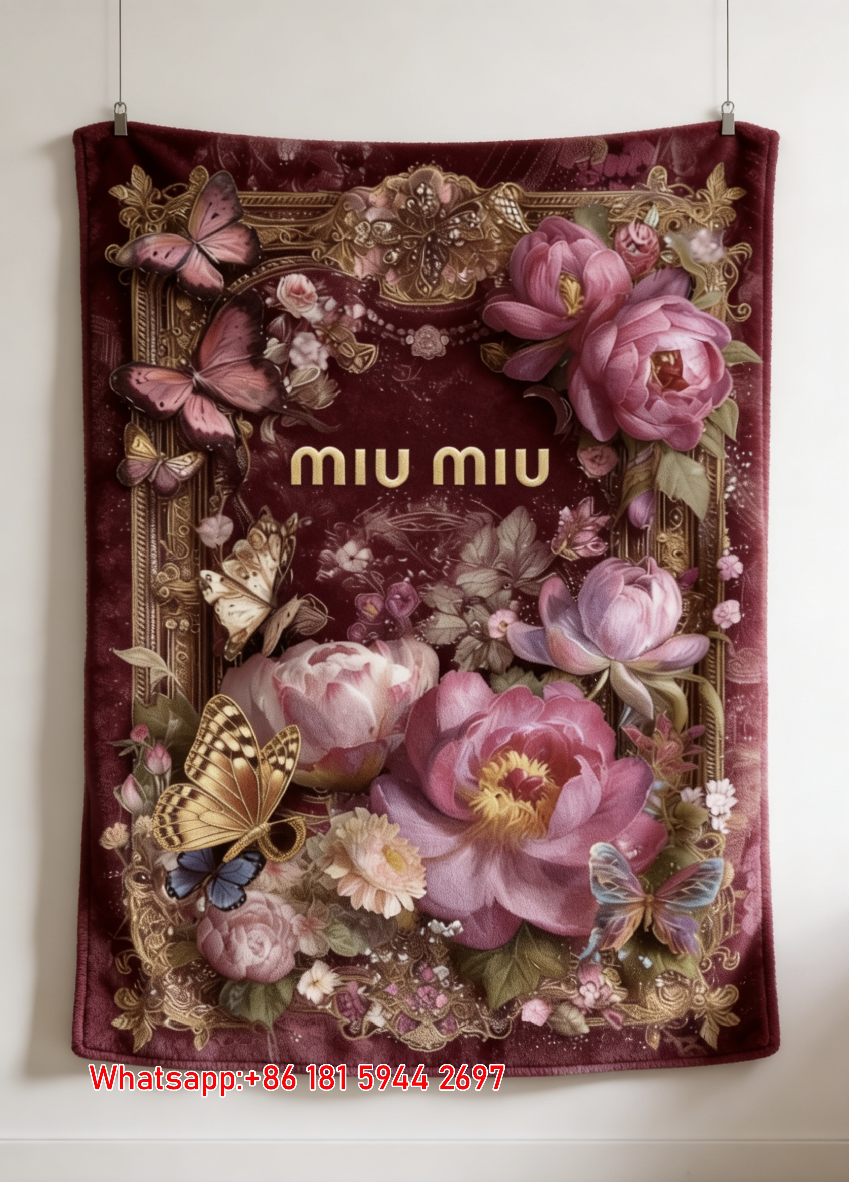 Miu Miu Vintage Floral Butterfly Burgundy Red Flannel Throw Blanket Miu Miu Gold Logo Printed Sofa Blanket IMG_0342